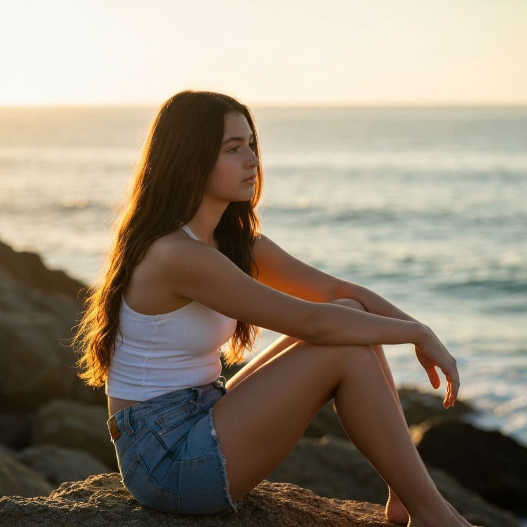 Teen portrait on coastal rocks at golden hour