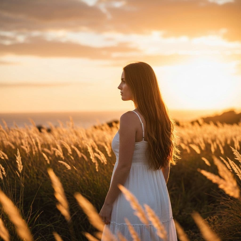 Portrait in golden grass at sunset