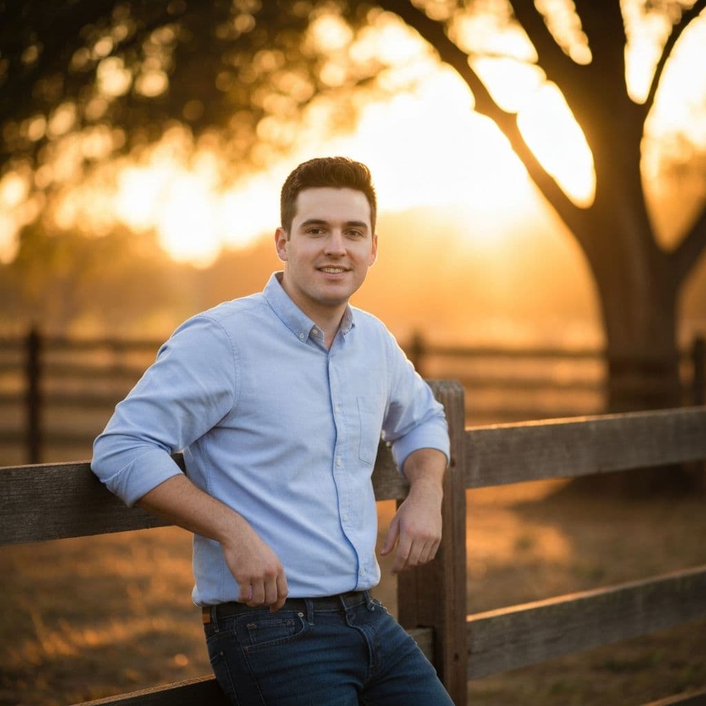 Casual portrait against rustic fence at golden hour